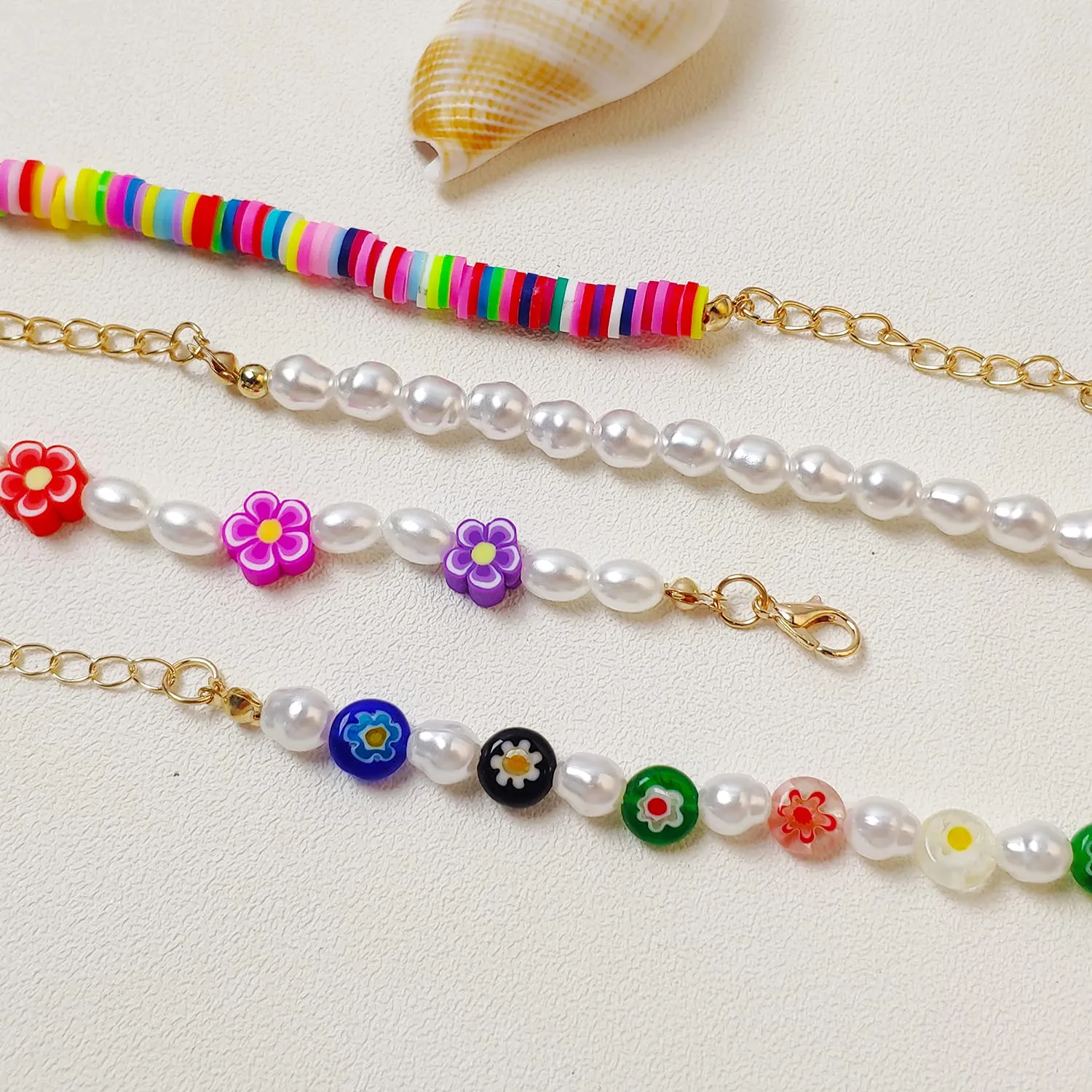 Bohemian Smiley Face Necklace Colorful Pearl Beaded Choker for Women Handmade Irregular Faux Necklaces with Charm 4 face choker necklace