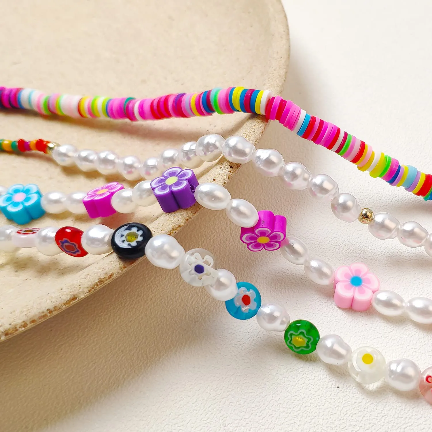 Bohemian Smiley Face Necklace Colorful Pearl Beaded Choker for Women Handmade Irregular Faux Necklaces with Charm 4 face choker necklace