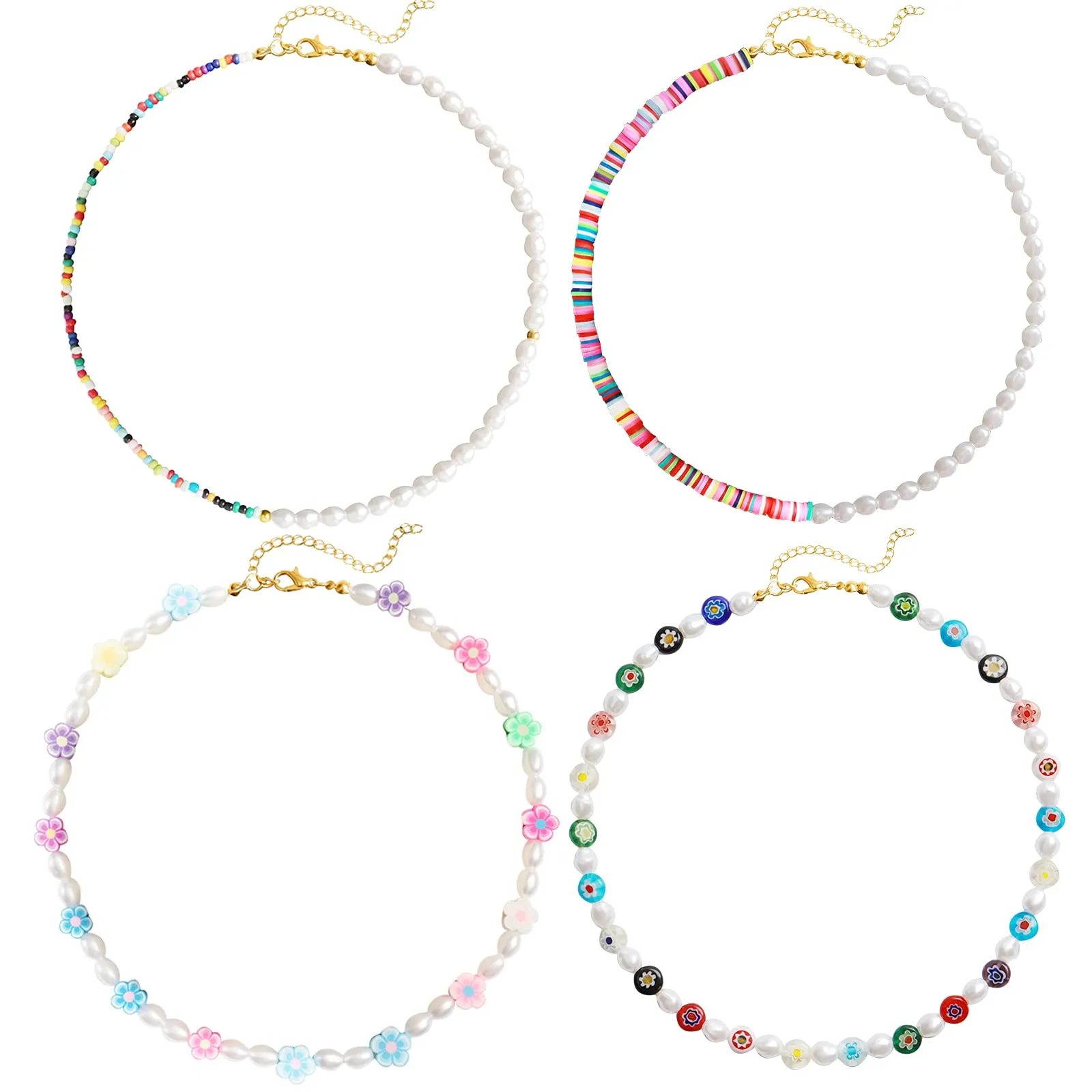 Bohemian Smiley Face Necklace Colorful Pearl Beaded Choker for Women Handmade Irregular Faux Necklaces with Charm 4 face choker necklace