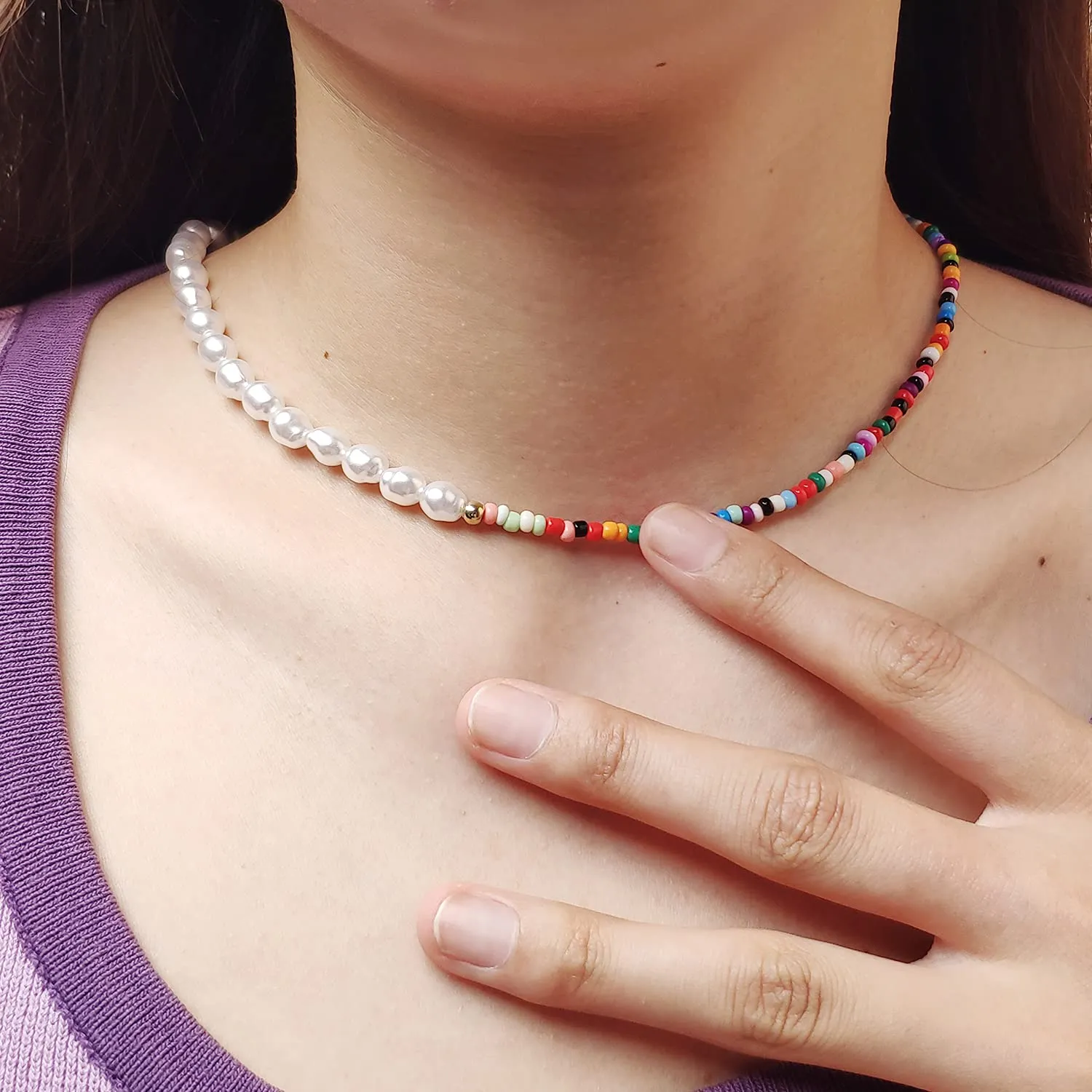 Bohemian Smiley Face Necklace Colorful Pearl Beaded Choker for Women Handmade Irregular Faux Necklaces with Charm 4 face choker necklace