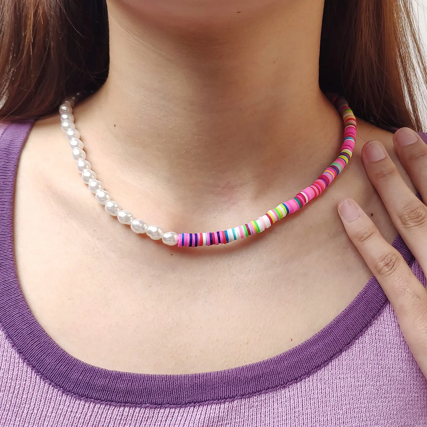 Bohemian Smiley Face Necklace Colorful Pearl Beaded Choker for Women Handmade Irregular Faux Necklaces with Charm 4 face choker necklace