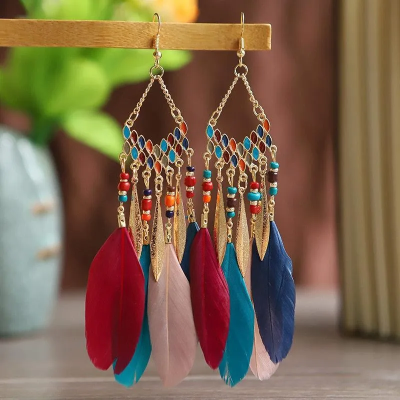 Boho Feather Tassel Earrings