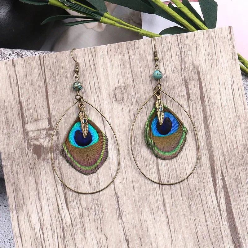 Boho Vintage Feather Peacock Metal Circle Earring Jewelry