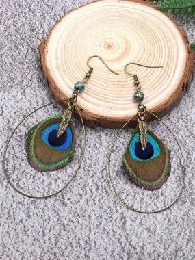 Boho Vintage Feather Peacock Metal Circle Earring Jewelry