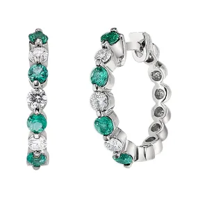 Classic Emerald and Gold Diamond Hoop Earrings Mid-Size