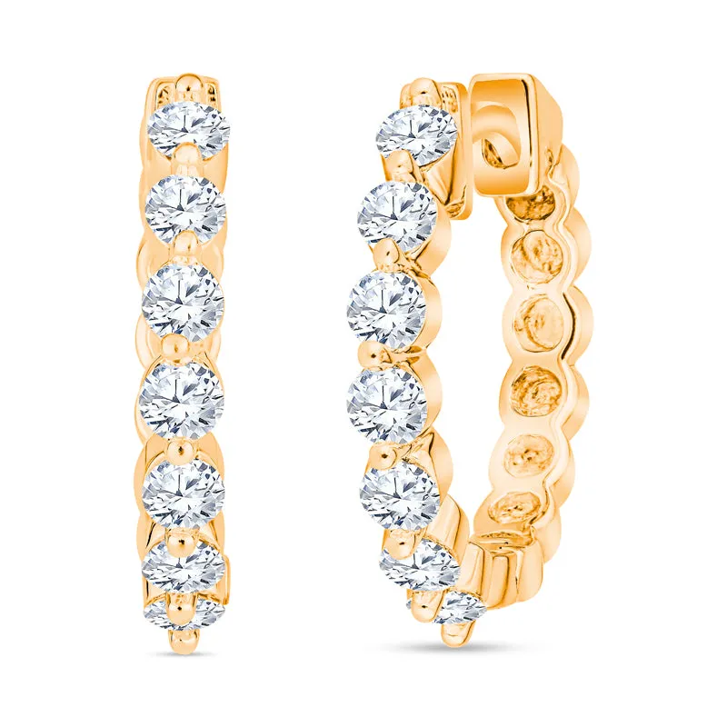 Classic Emerald and Gold Diamond Hoop Earrings Mid-Size