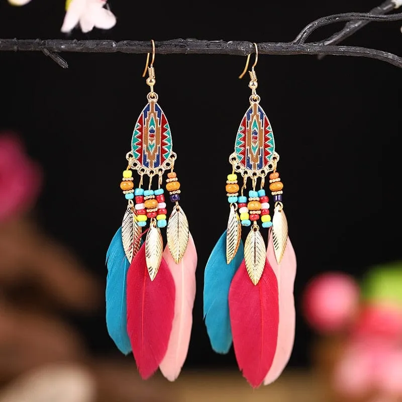 Colourful Boho Feather Earrings