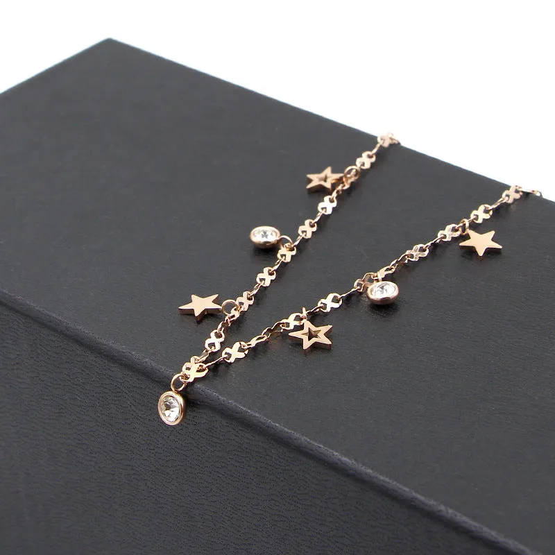 Cute 8 Shape Chain Four Stars Three Crystal Woman Anklets