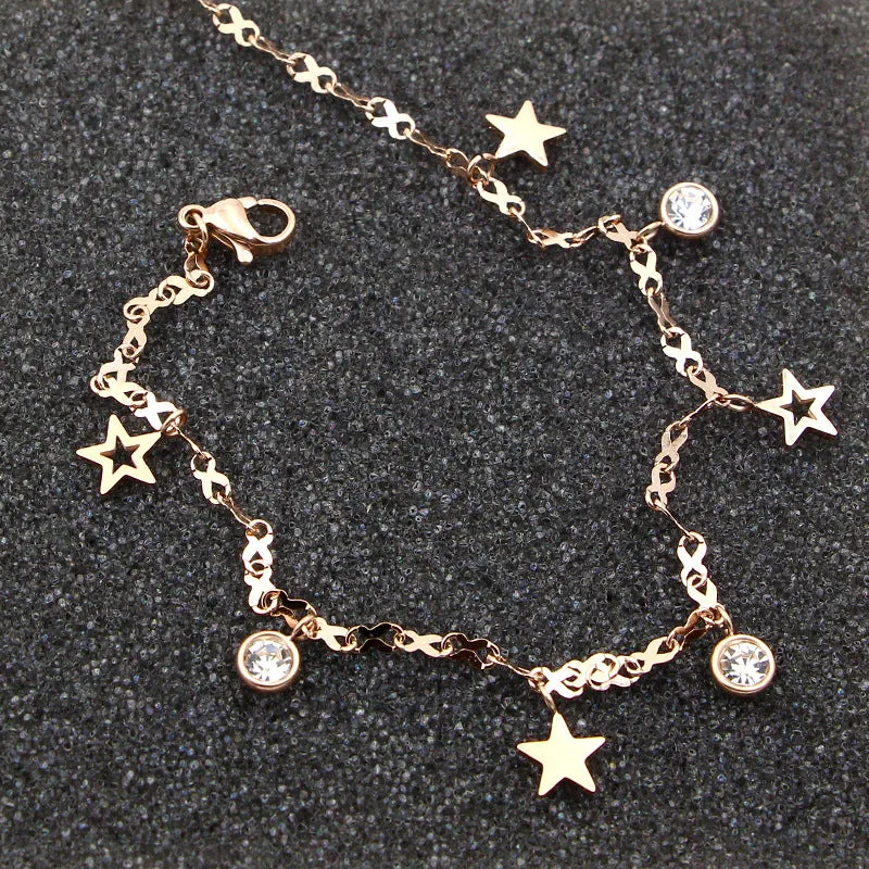 Cute 8 Shape Chain Four Stars Three Crystal Woman Anklets
