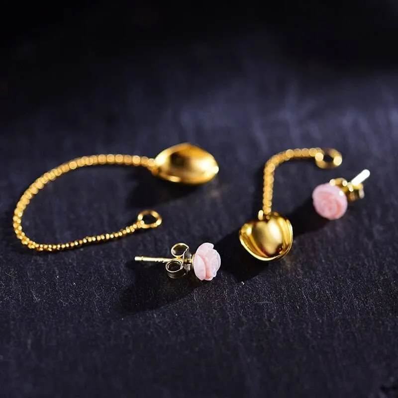 Delicate Sea Shell Rose Petals Drop Earrings