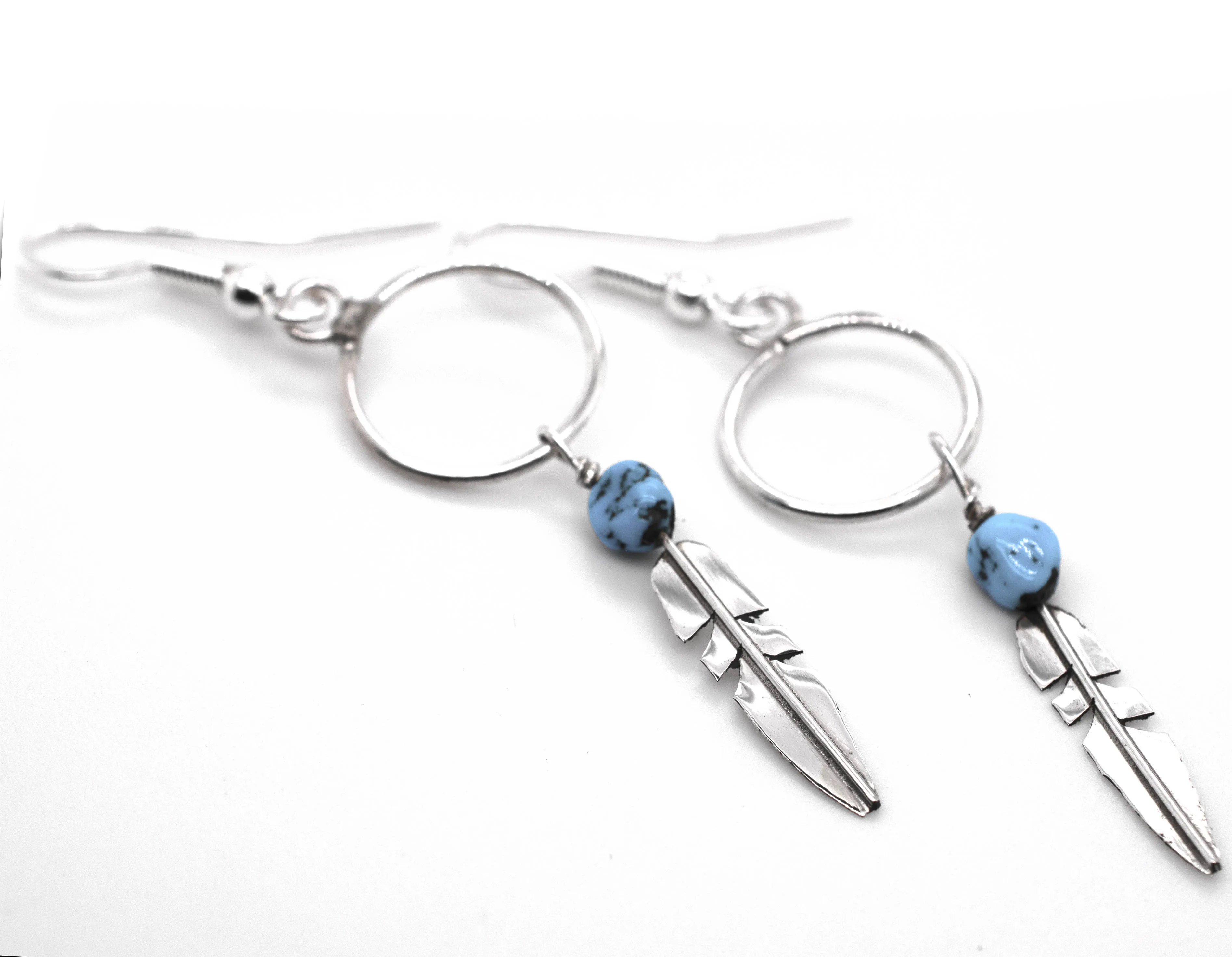 Delicate Zuni Feather Earrings With Coral And Turquoise Beads