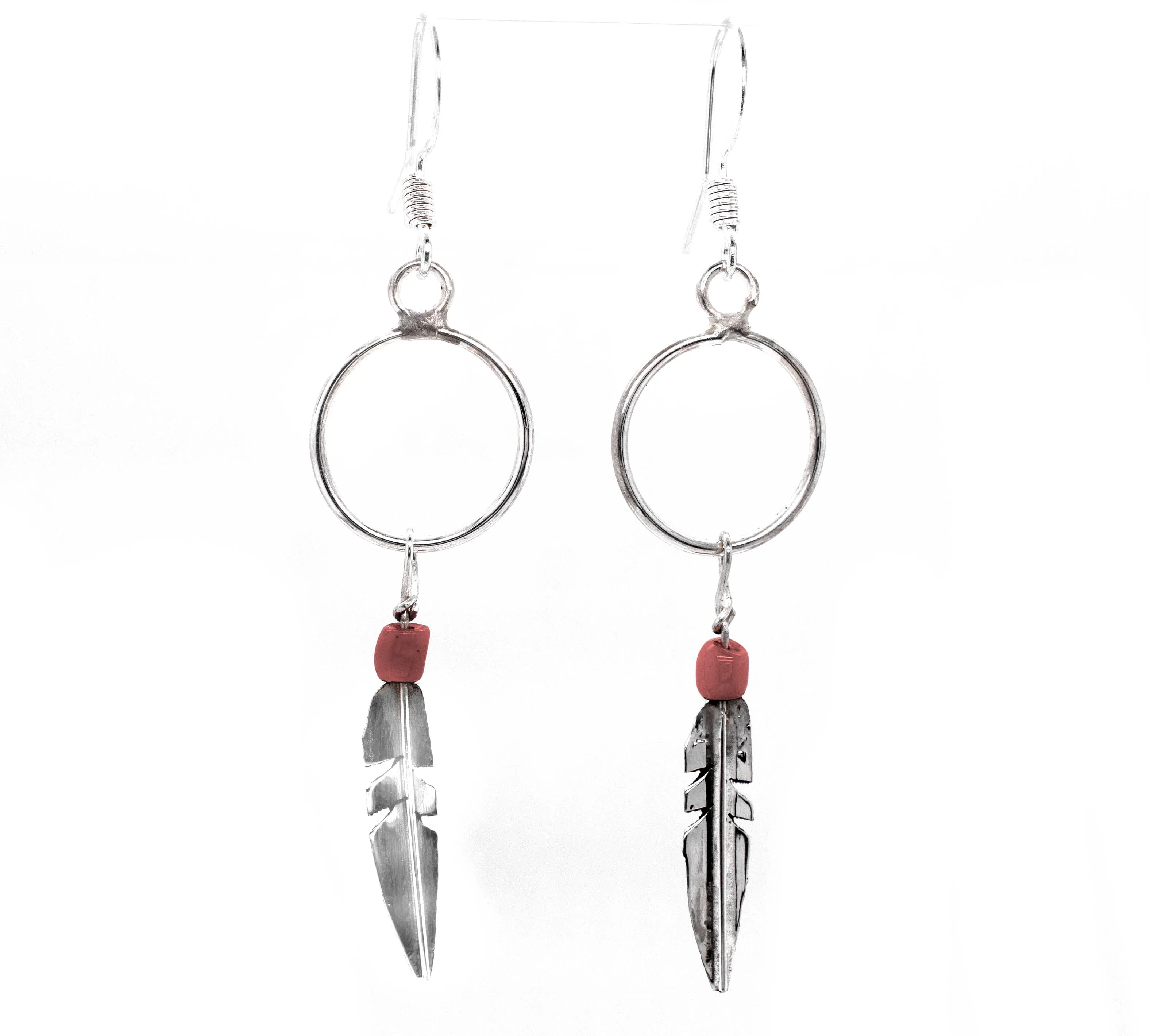 Delicate Zuni Feather Earrings With Coral And Turquoise Beads