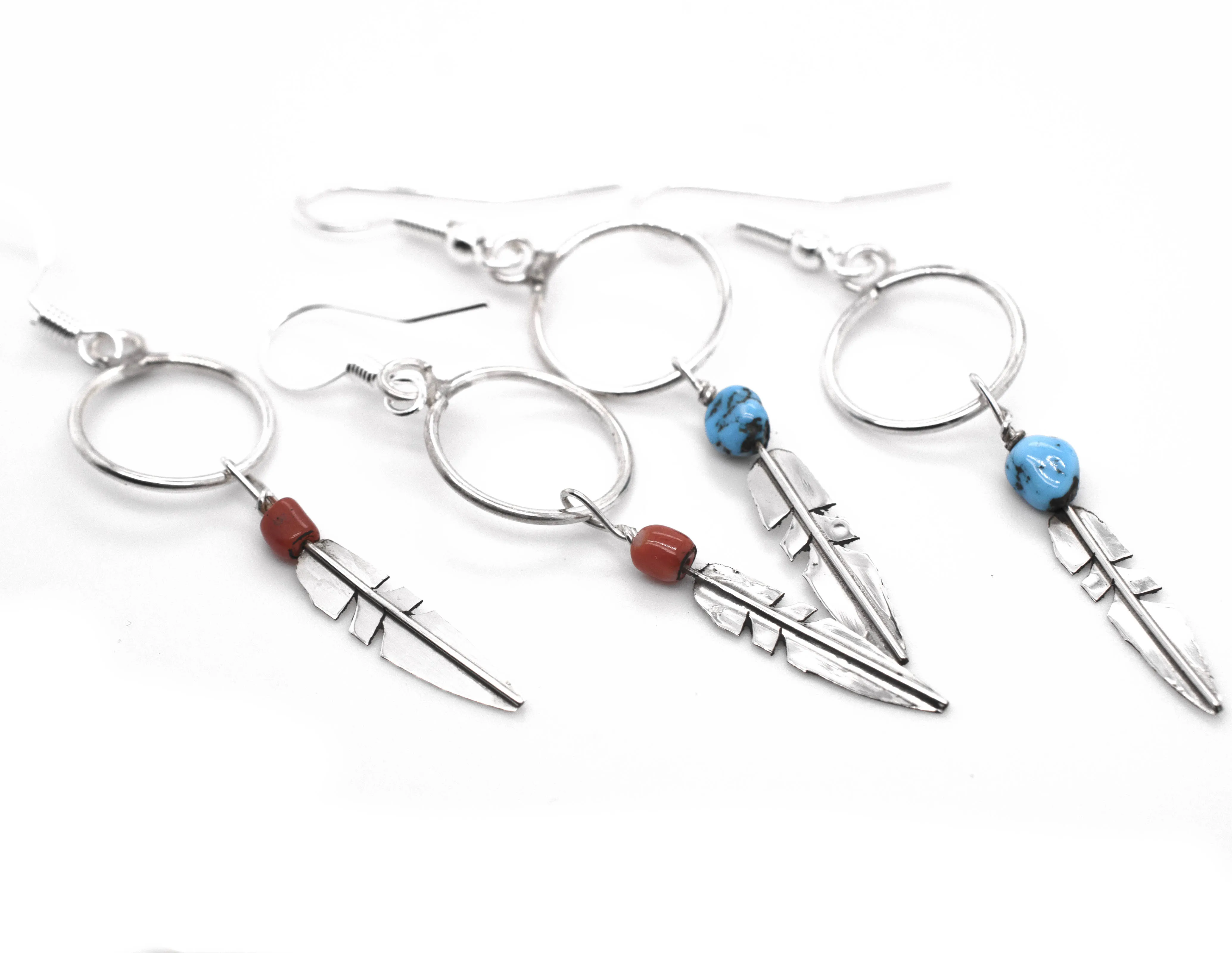 Delicate Zuni Feather Earrings With Coral And Turquoise Beads