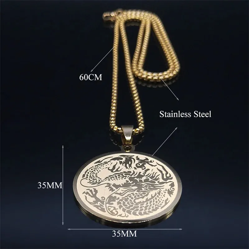 Dragon Stainless Steel Chain Necklaces Women/Men Gold Color Round Pendant Necklace