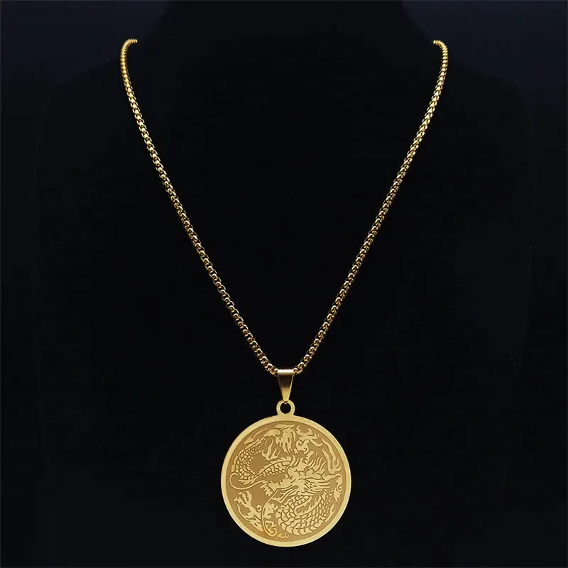 Dragon Stainless Steel Chain Necklaces Women/Men Gold Color Round Pendant Necklace