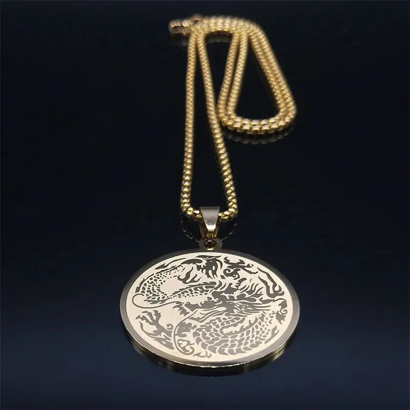 Dragon Stainless Steel Chain Necklaces Women/Men Gold Color Round Pendant Necklace