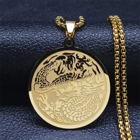 Dragon Stainless Steel Chain Necklaces Women/Men Gold Color Round Pendant Necklace