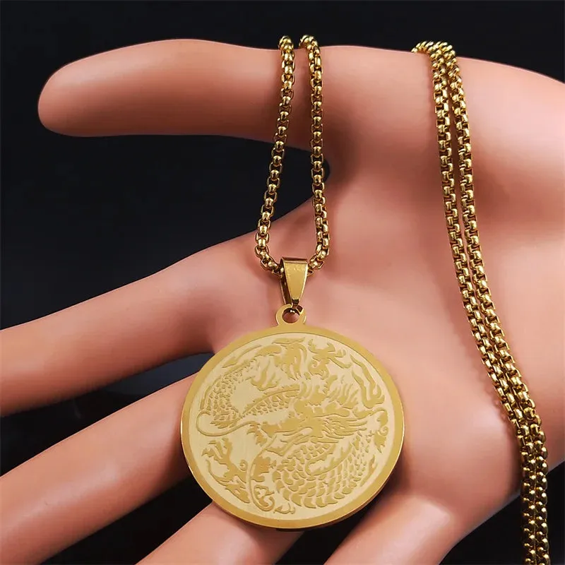 Dragon Stainless Steel Chain Necklaces Women/Men Gold Color Round Pendant Necklace