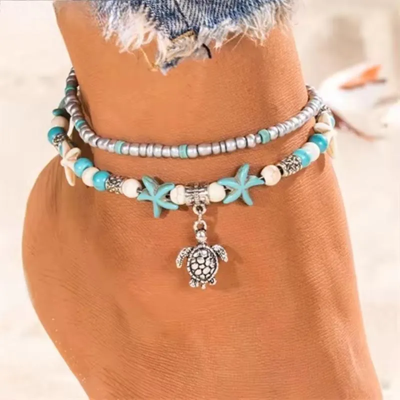 Fashion Retro Bohemia Round Rune Starfish Anklet