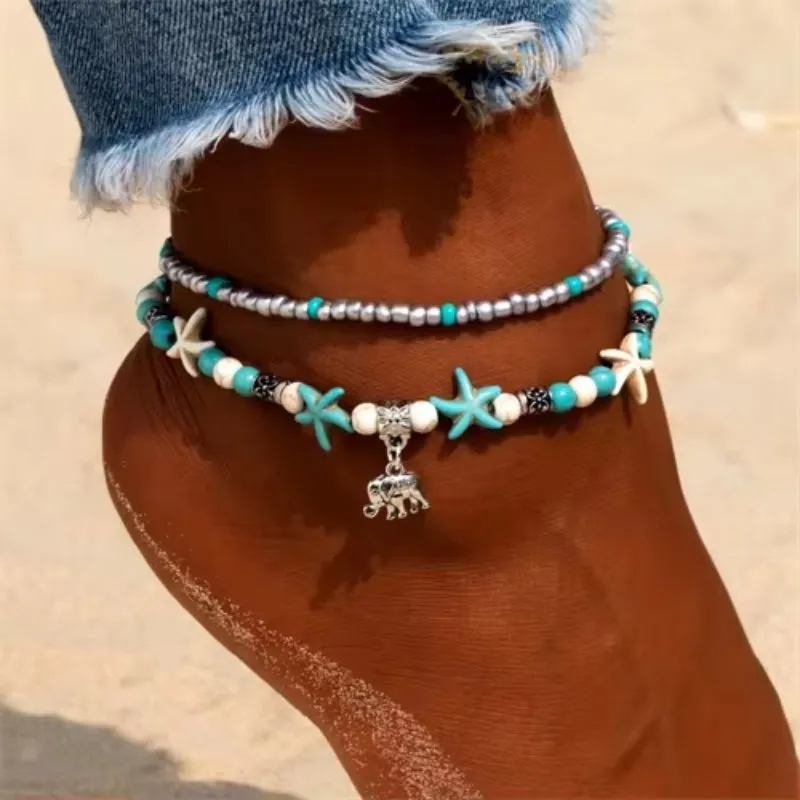 Fashion Retro Bohemia Round Rune Starfish Anklet