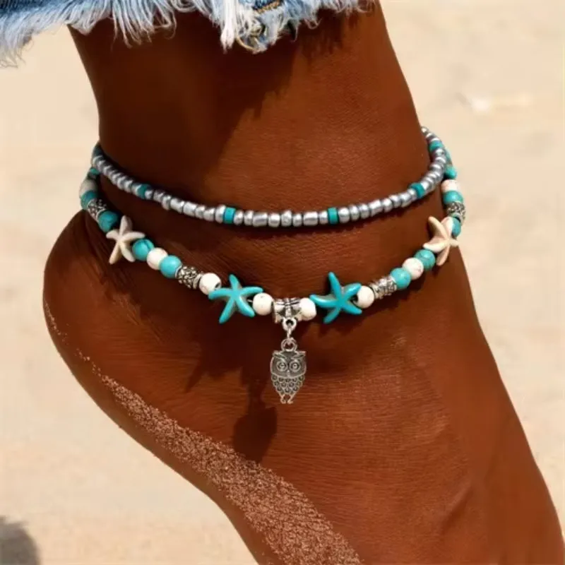 Fashion Retro Bohemia Round Rune Starfish Anklet