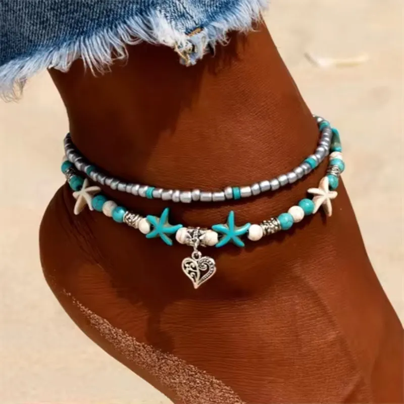 Fashion Retro Bohemia Round Rune Starfish Anklet