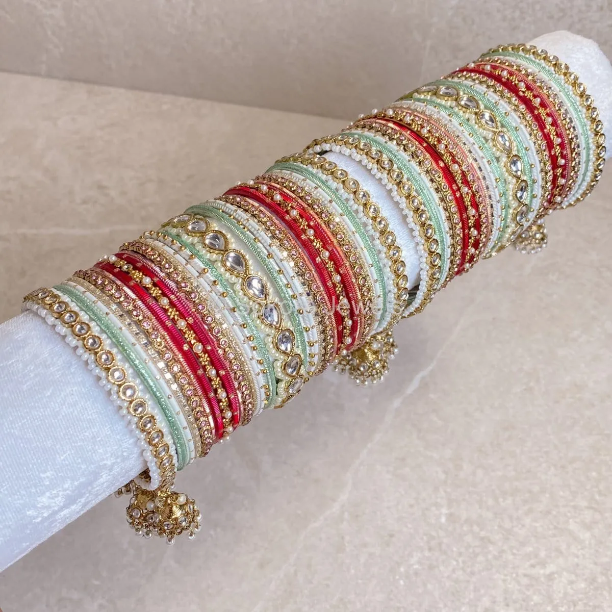 Faux Kundan Jhumka Bangle Set - Strawberry Multi Shade