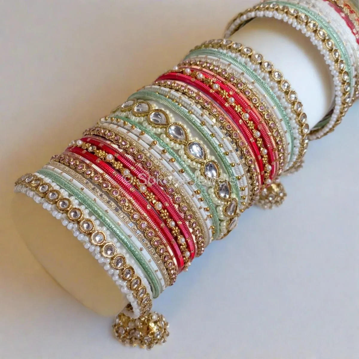 Faux Kundan Jhumka Bangle Set - Strawberry Multi Shade