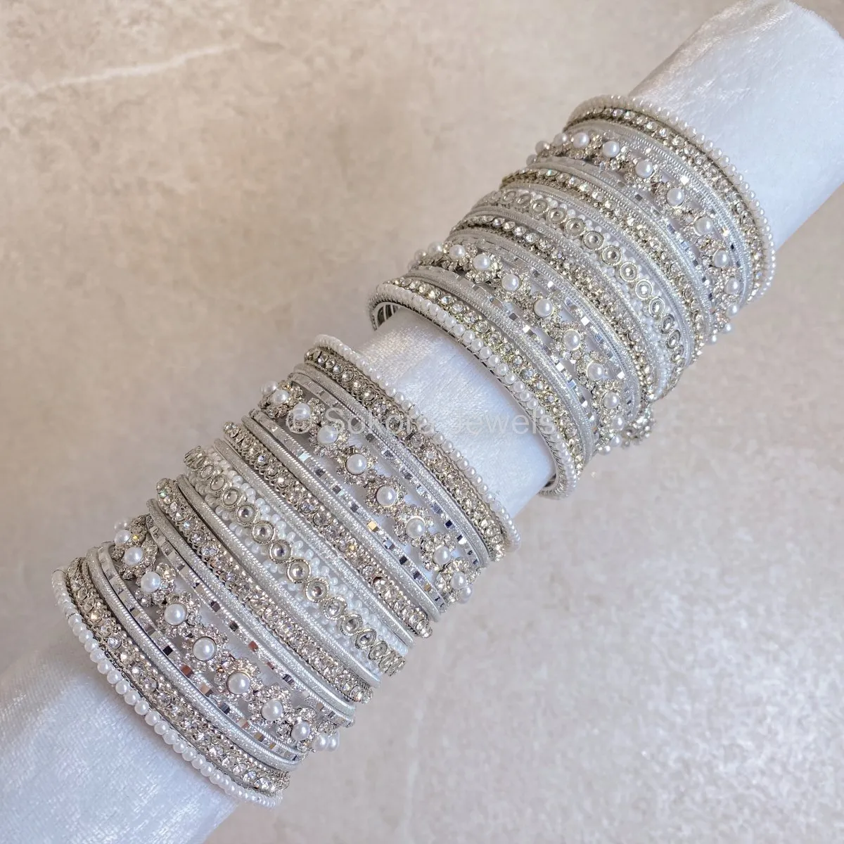 Faux Kundan Luxury Daisy Bangle Set - Silver