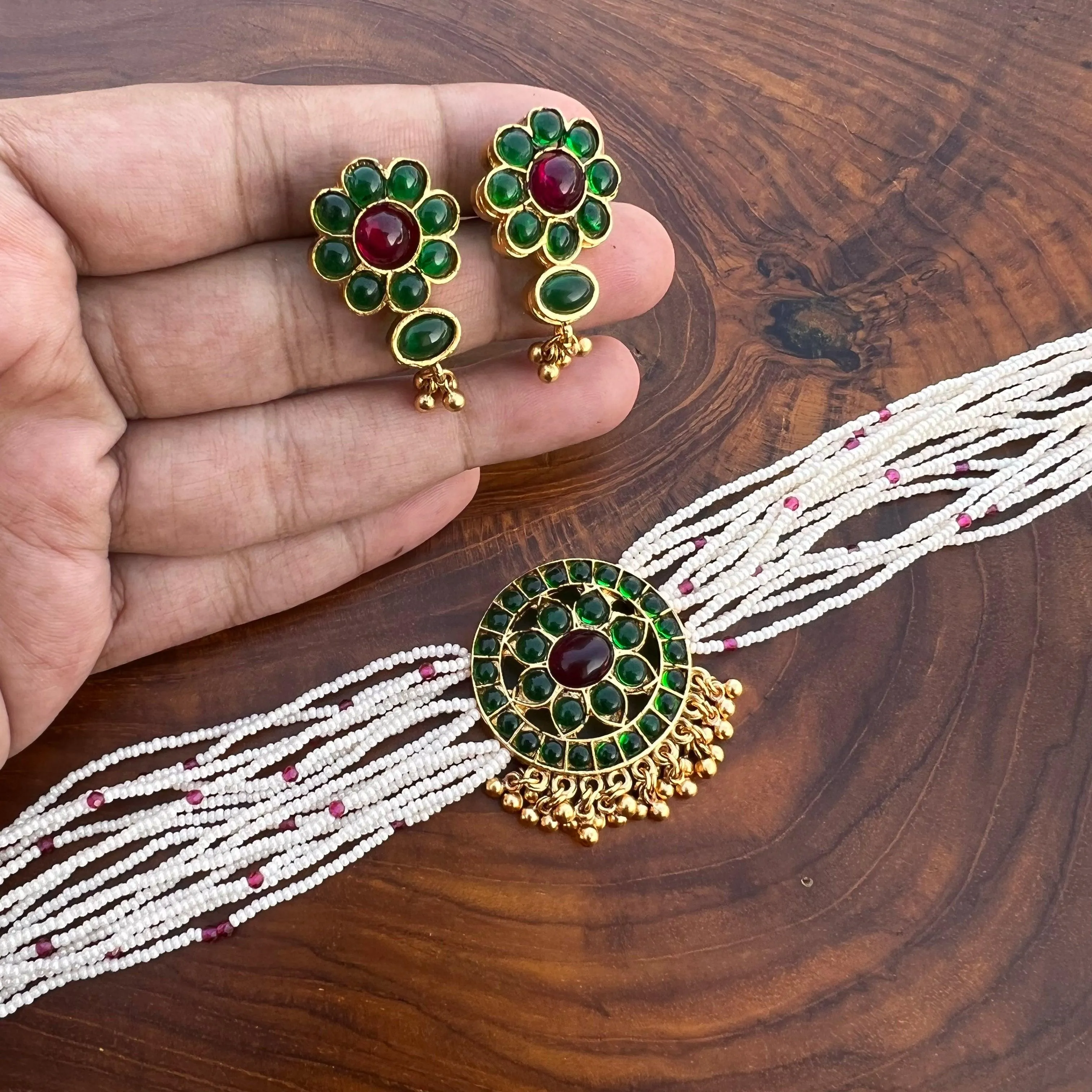 Flower Chakra Multi Strand Pearl Kemp Choker Necklace Set - Red & Green