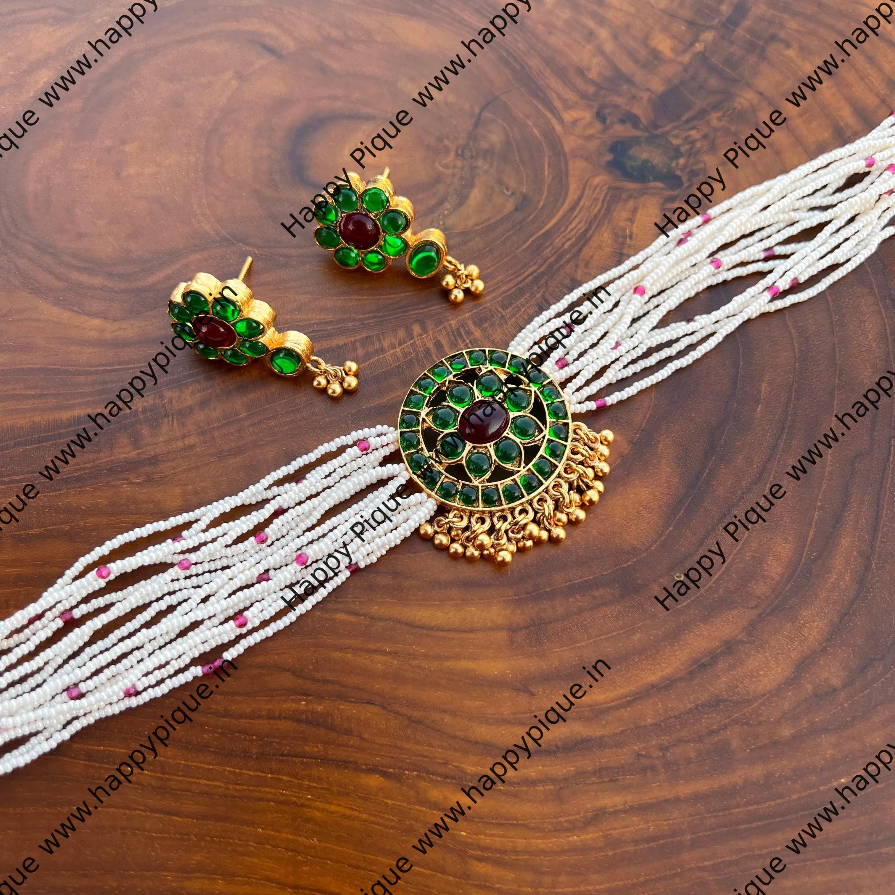 Flower Chakra Multi Strand Pearl Kemp Choker Necklace Set - Red & Green