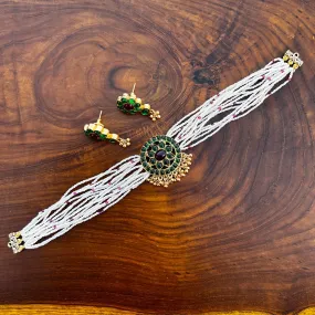 Flower Chakra Multi Strand Pearl Kemp Choker Necklace Set - Red & Green