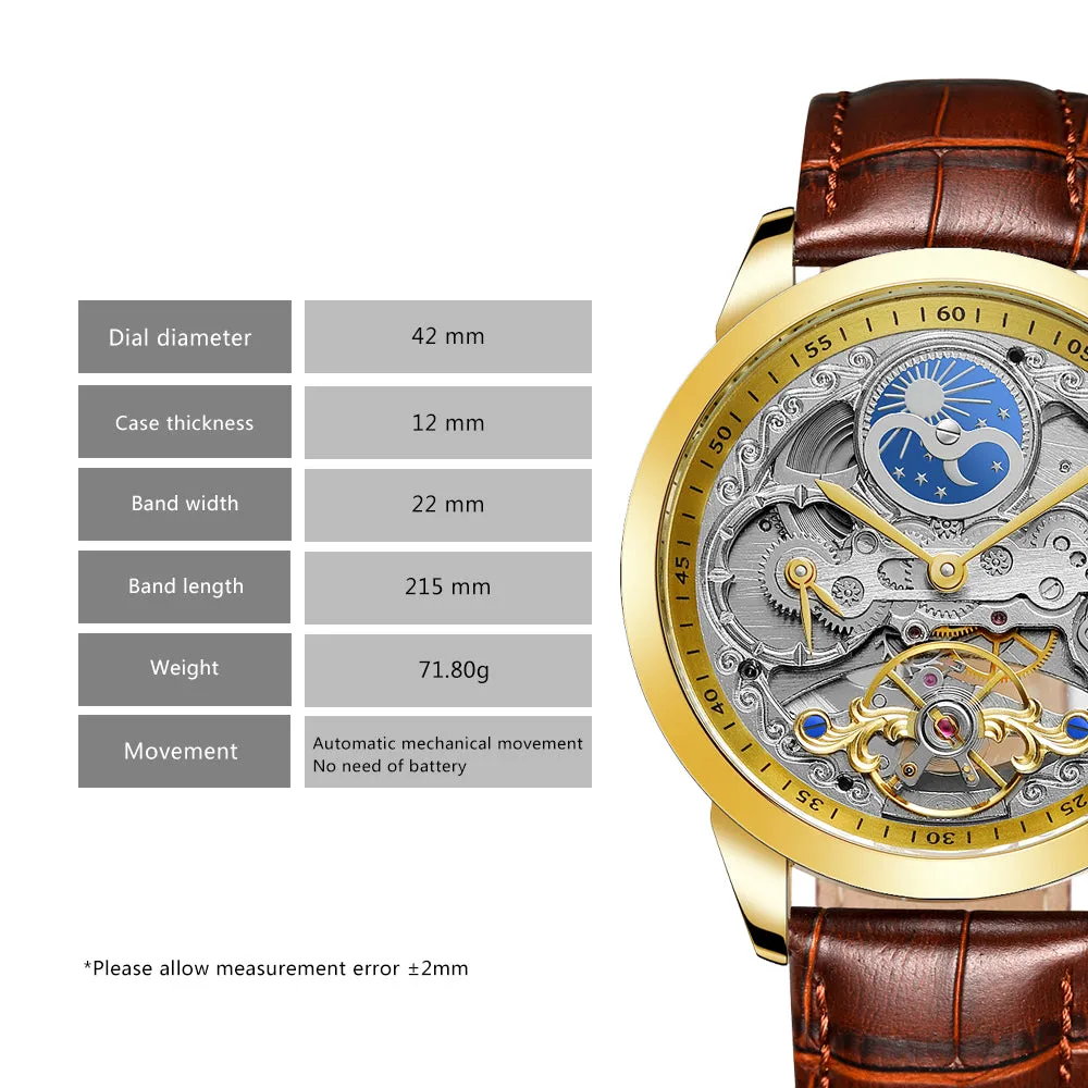 Forsining Retro Moon Phase Tourbillon Skeleton Automatic Mechanical Mens Watch TM-355G