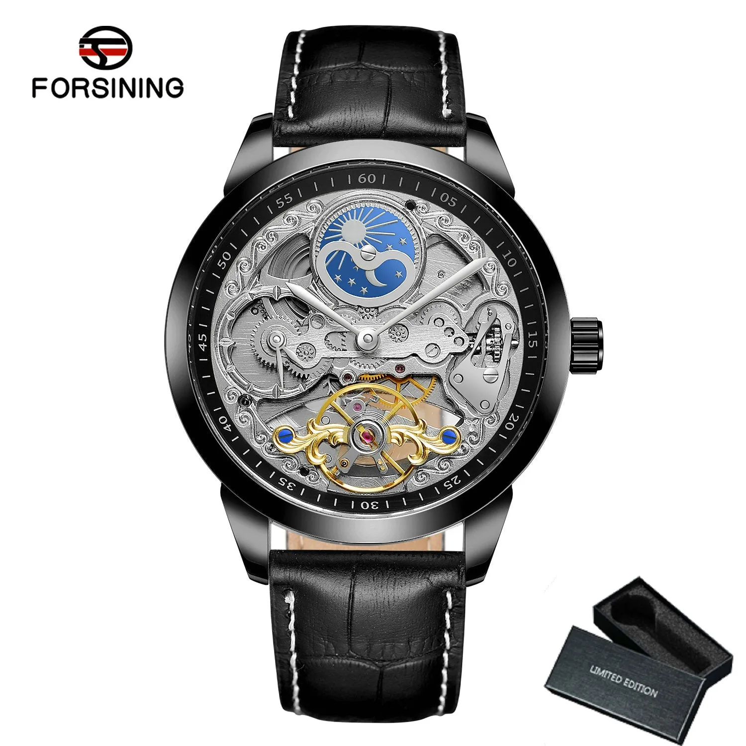 Forsining Retro Moon Phase Tourbillon Skeleton Automatic Mechanical Mens Watch TM-355G