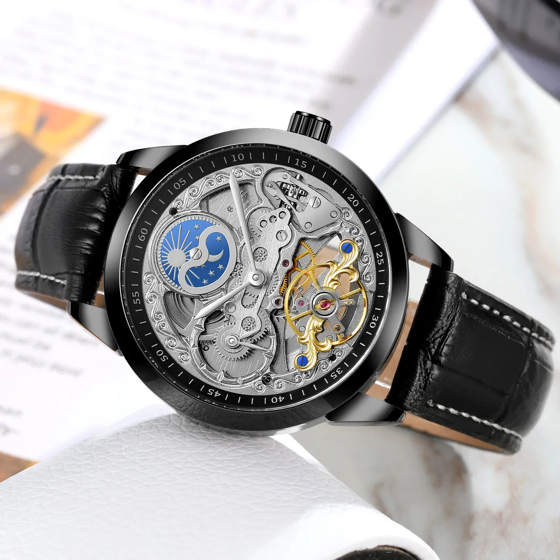 Forsining Retro Moon Phase Tourbillon Skeleton Automatic Mechanical Mens Watch TM-355G