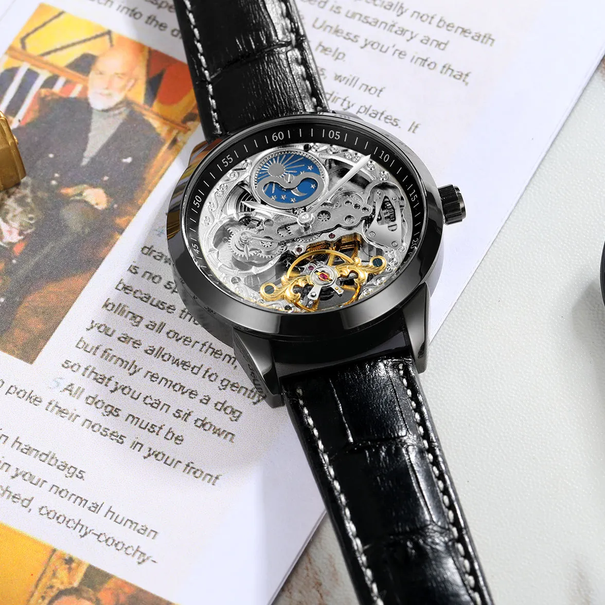 Forsining Retro Moon Phase Tourbillon Skeleton Automatic Mechanical Mens Watch TM-355G
