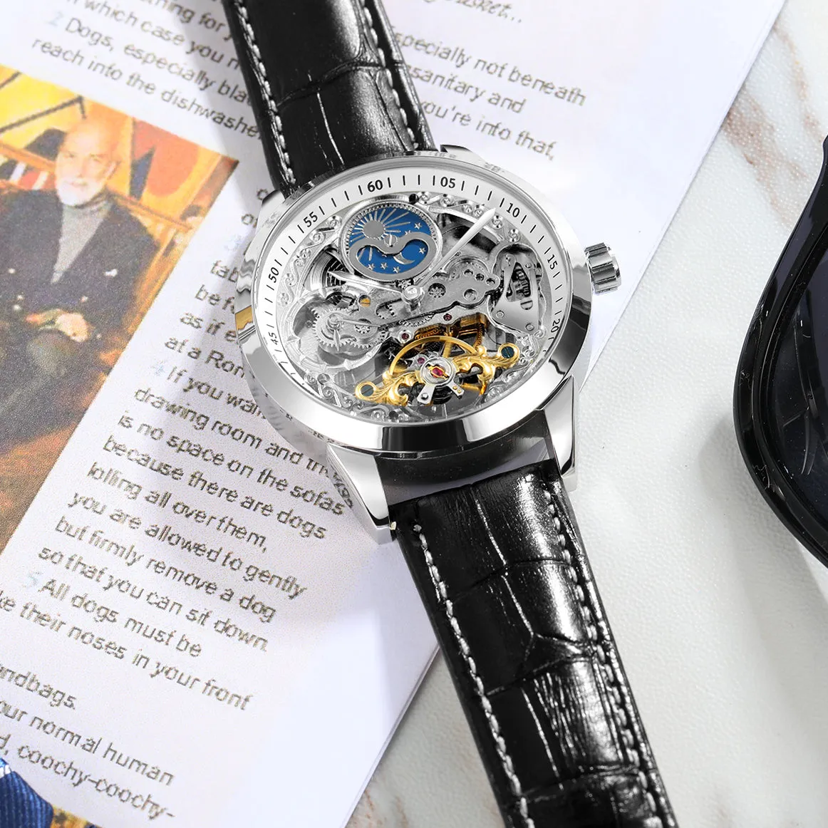 Forsining Retro Moon Phase Tourbillon Skeleton Automatic Mechanical Mens Watch TM-355G