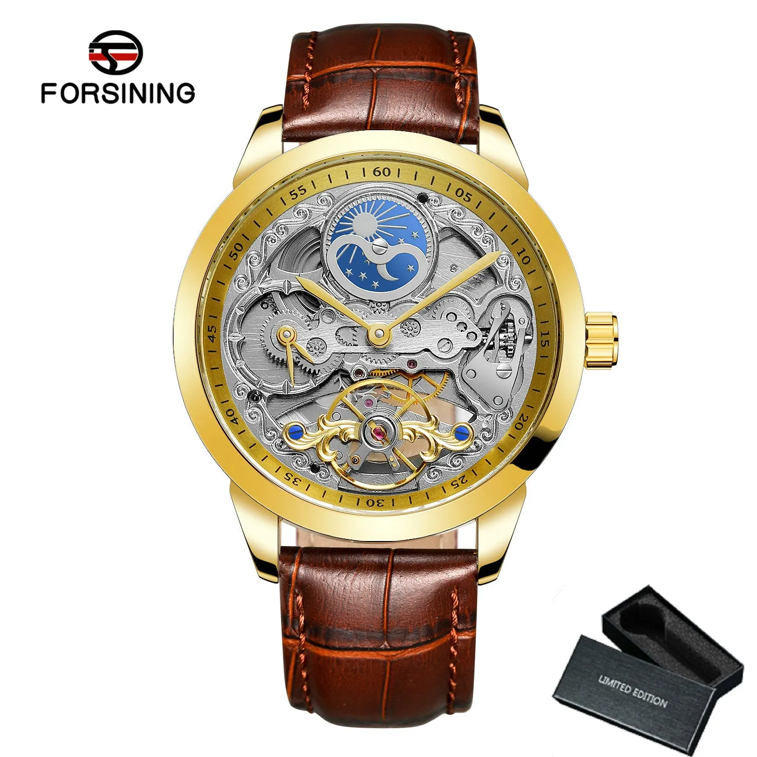 Forsining Retro Moon Phase Tourbillon Skeleton Automatic Mechanical Mens Watch TM-355G