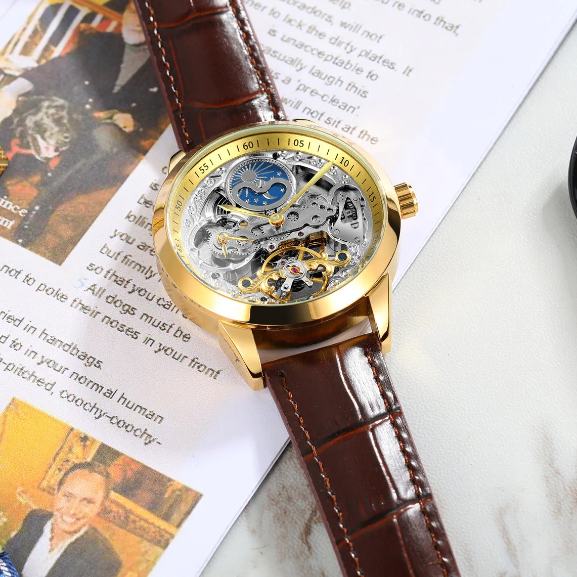 Forsining Retro Moon Phase Tourbillon Skeleton Automatic Mechanical Mens Watch TM-355G