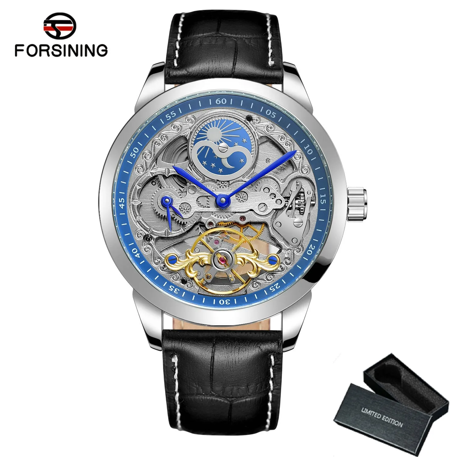 Forsining Retro Moon Phase Tourbillon Skeleton Automatic Mechanical Mens Watch TM-355G