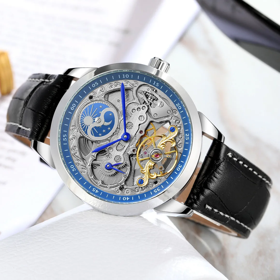 Forsining Retro Moon Phase Tourbillon Skeleton Automatic Mechanical Mens Watch TM-355G