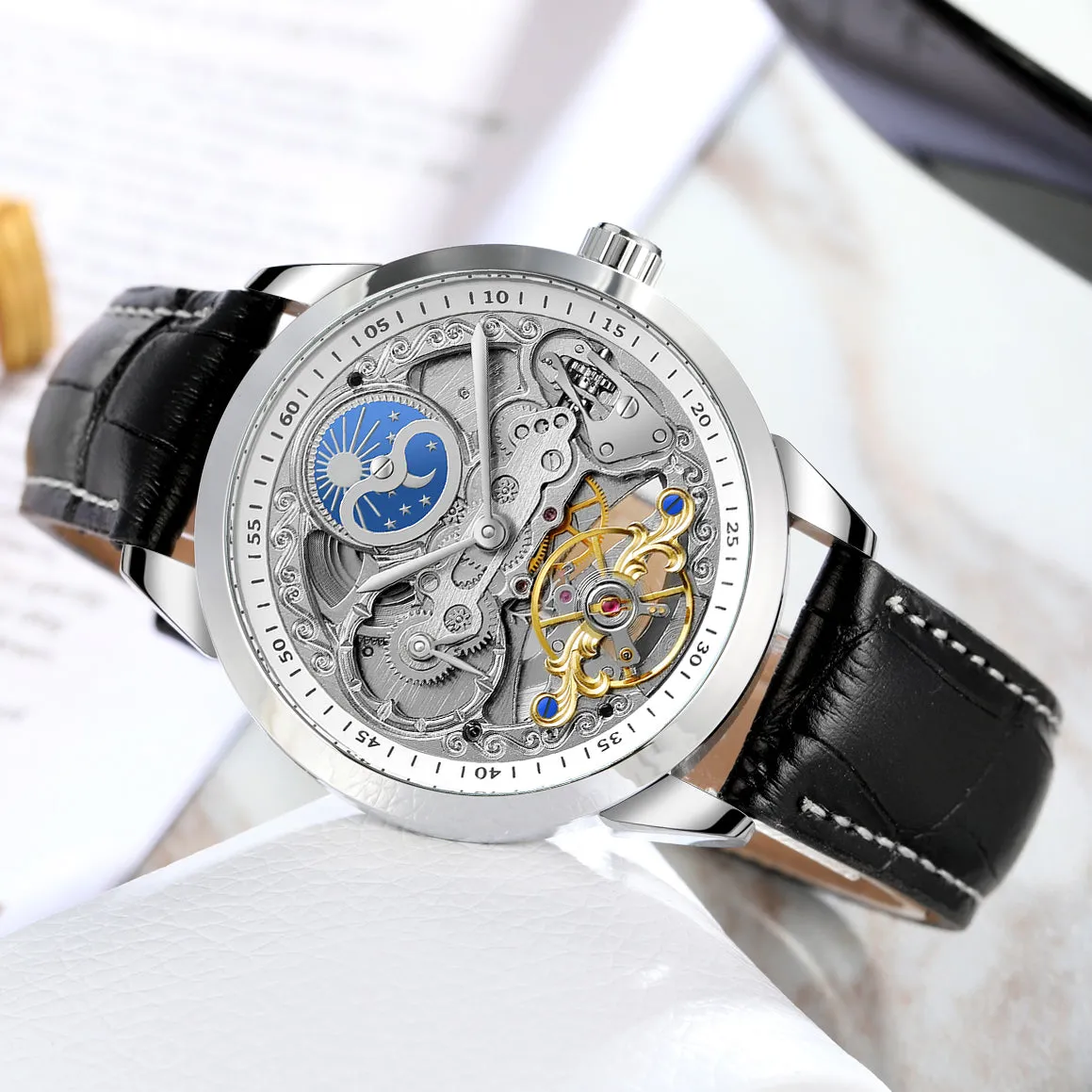 Forsining Retro Moon Phase Tourbillon Skeleton Automatic Mechanical Mens Watch TM-355G