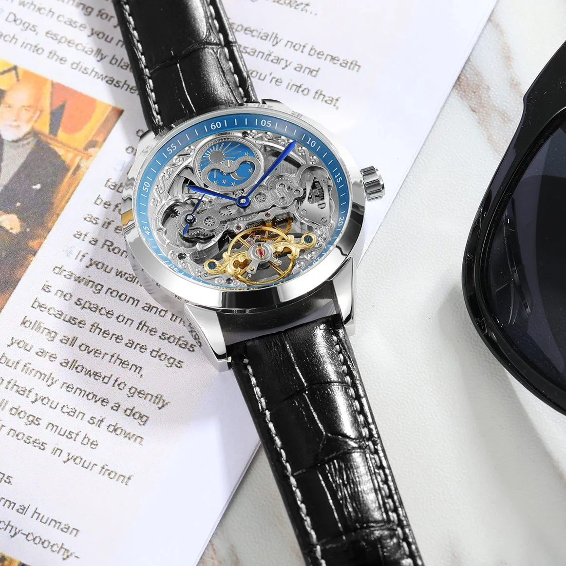 Forsining Retro Moon Phase Tourbillon Skeleton Automatic Mechanical Mens Watch TM-355G