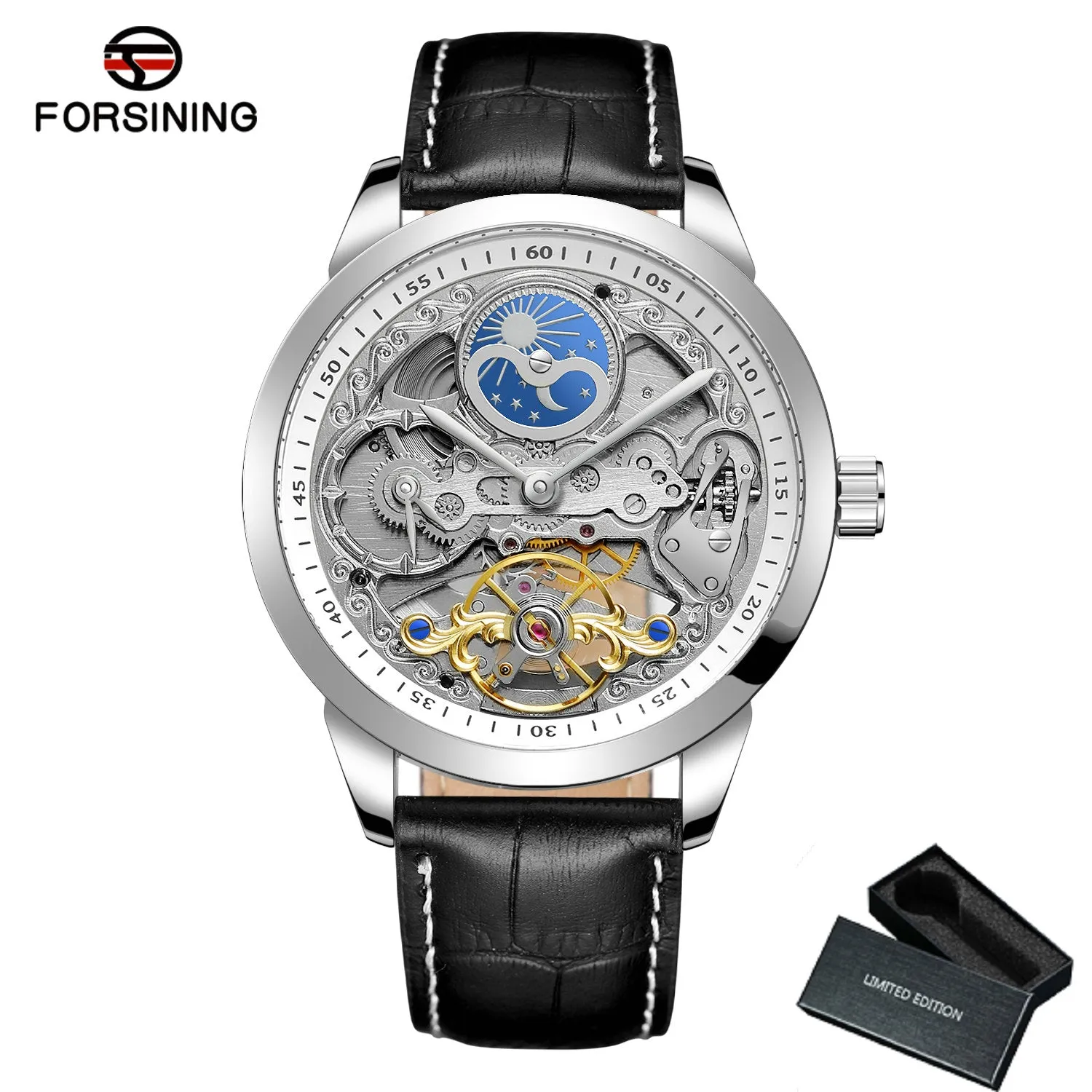 Forsining Retro Moon Phase Tourbillon Skeleton Automatic Mechanical Mens Watch TM-355G