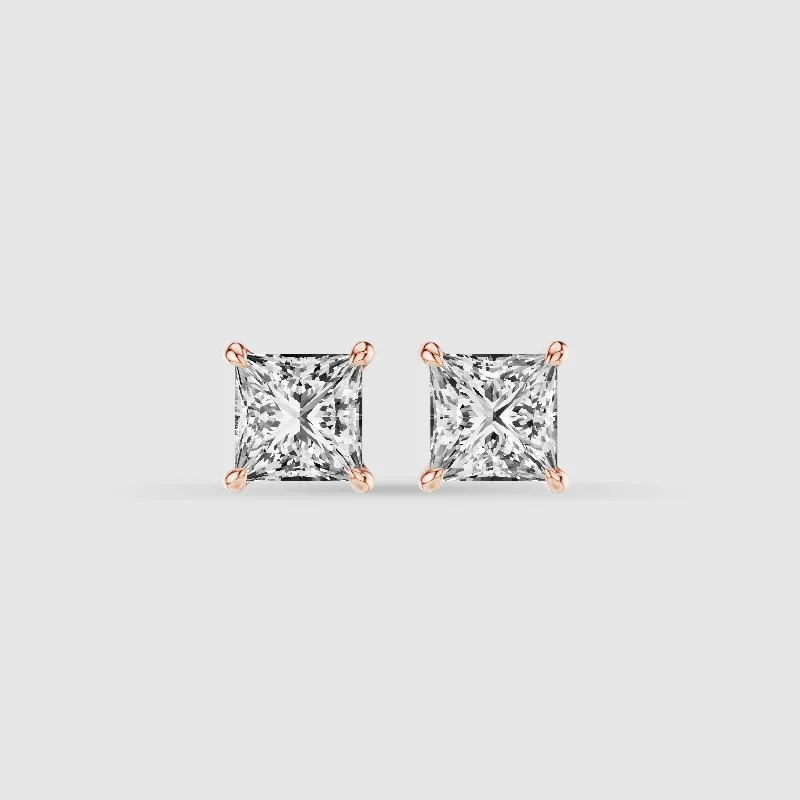 Four-Prong Solitaire Lab Grown Diamond Studs-Princess