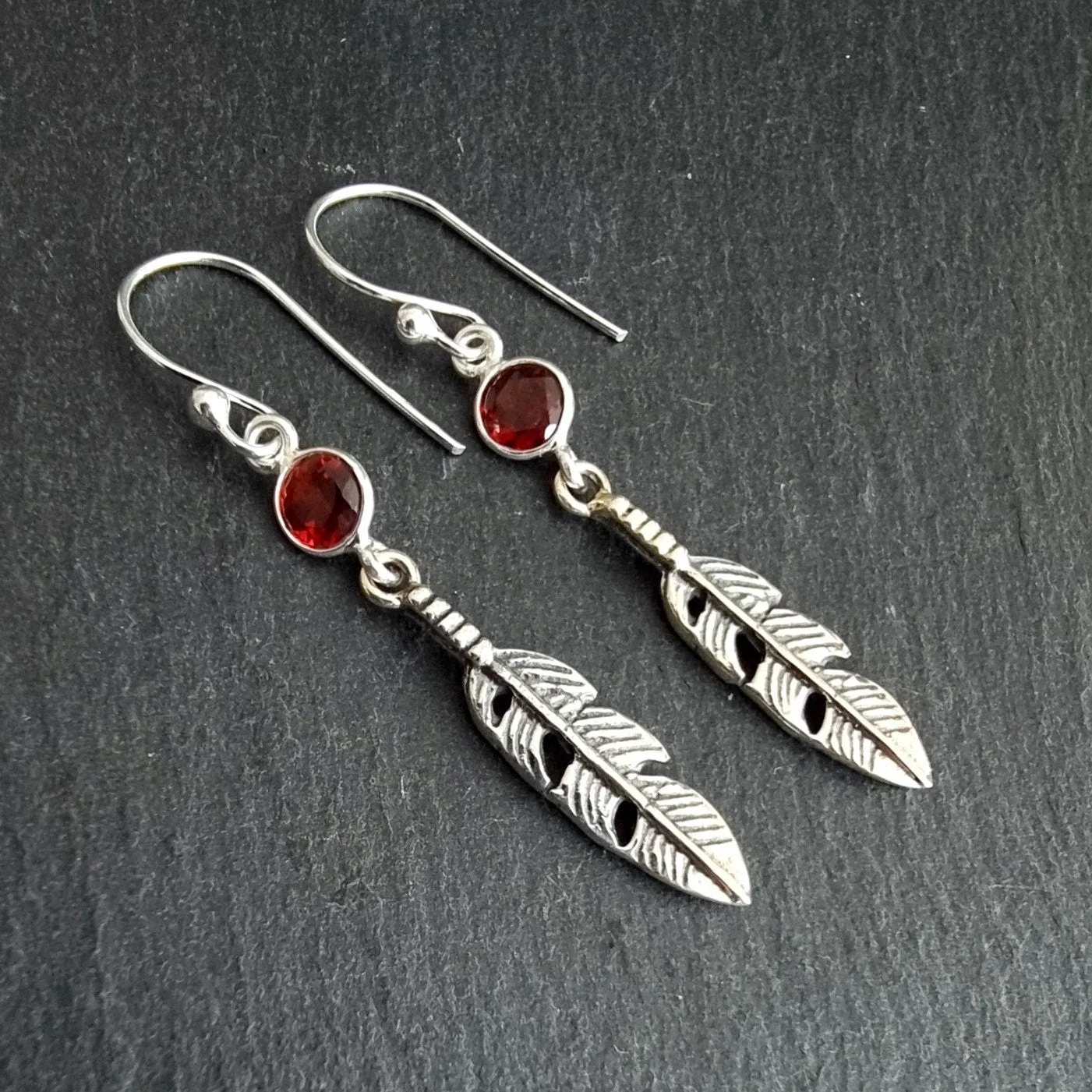 Garnet Feather 925 Sterling Silver Dangly Earrings, E21G
