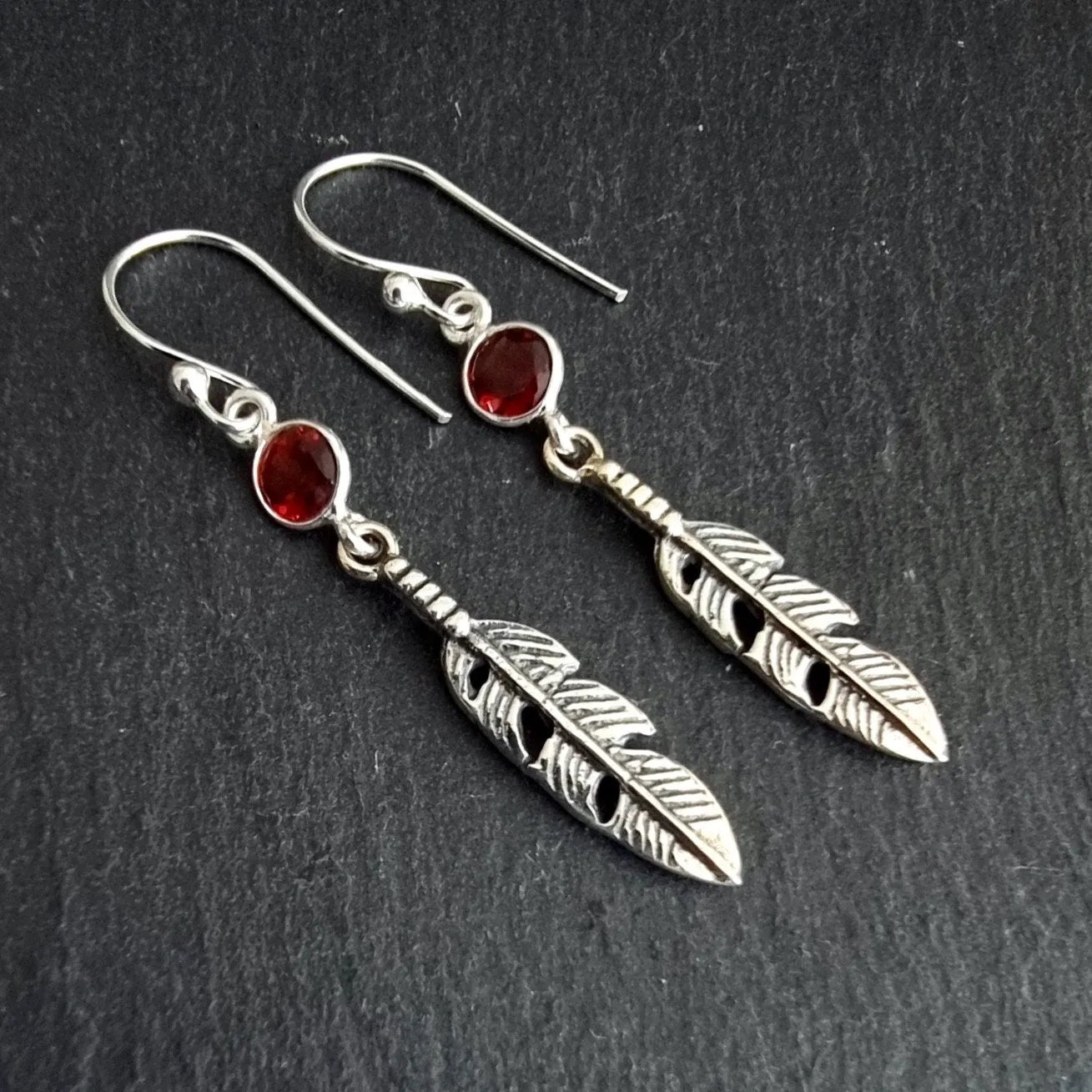 Garnet Feather 925 Sterling Silver Dangly Earrings, E21G