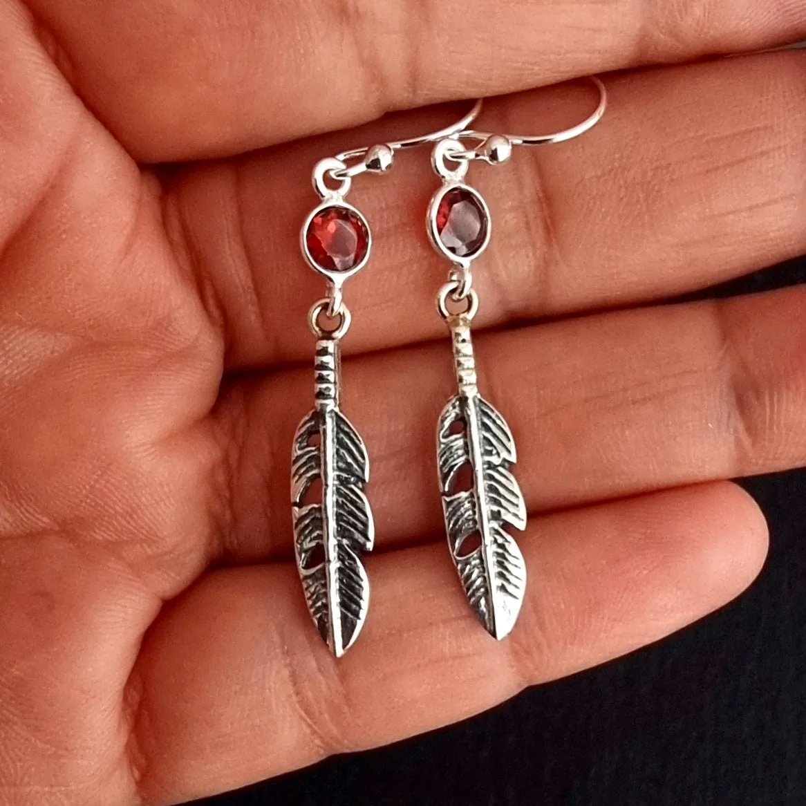 Garnet Feather 925 Sterling Silver Dangly Earrings, E21G