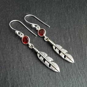 Garnet Feather 925 Sterling Silver Dangly Earrings, E21G