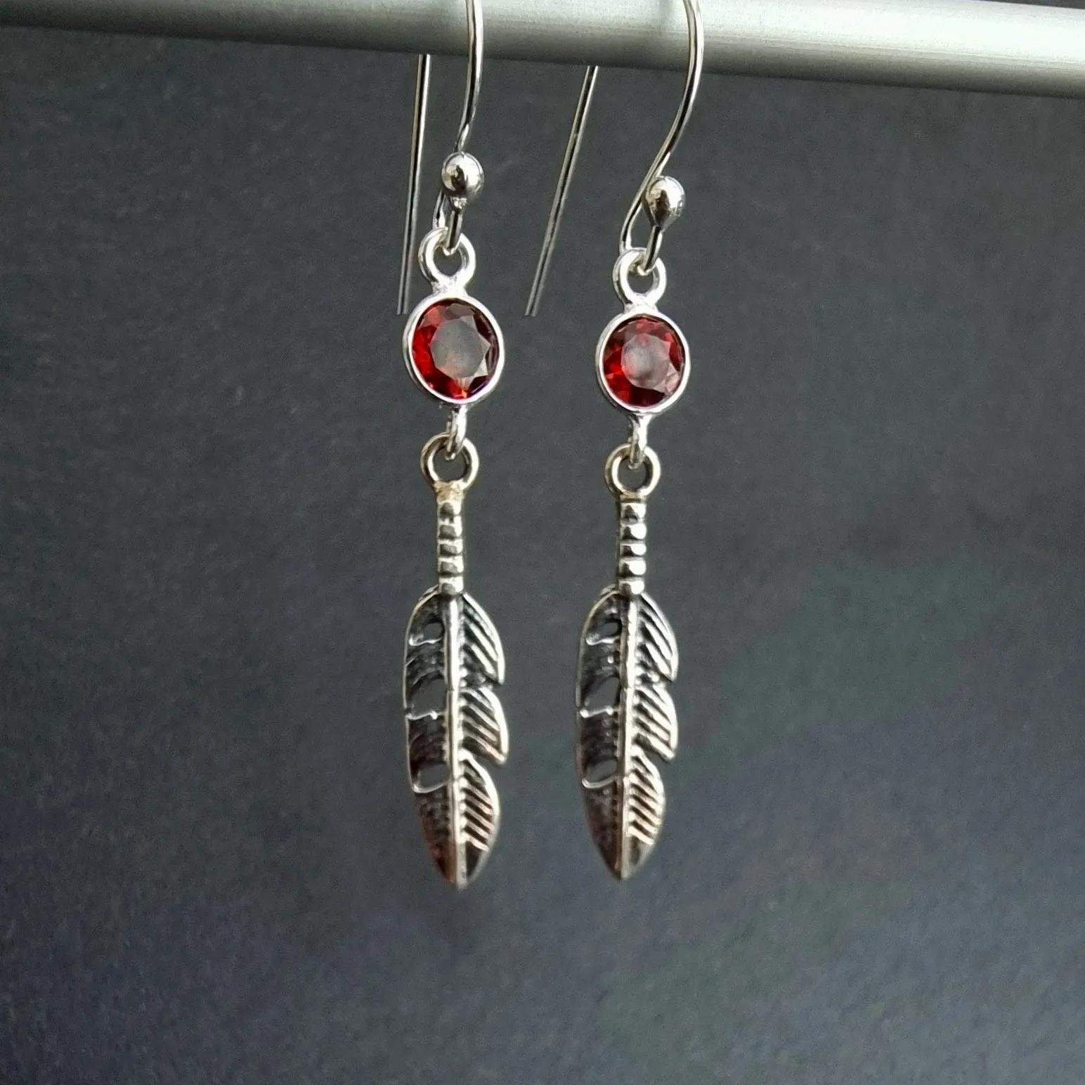 Garnet Feather 925 Sterling Silver Dangly Earrings, E21G